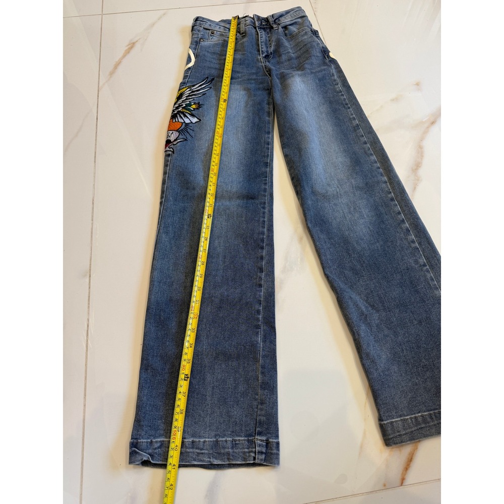 Ed Hardy Wide Leg Denim Jeans Blue Tattoo Graphic Embroidered Size 24 Y2K - Picture 6 of 7